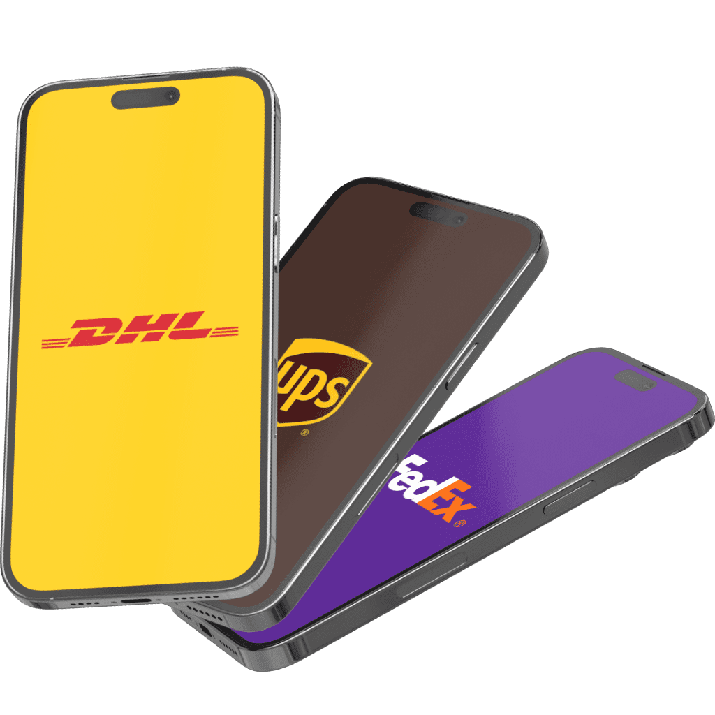 Celulares com as marcas DHL, UPS e FedEx